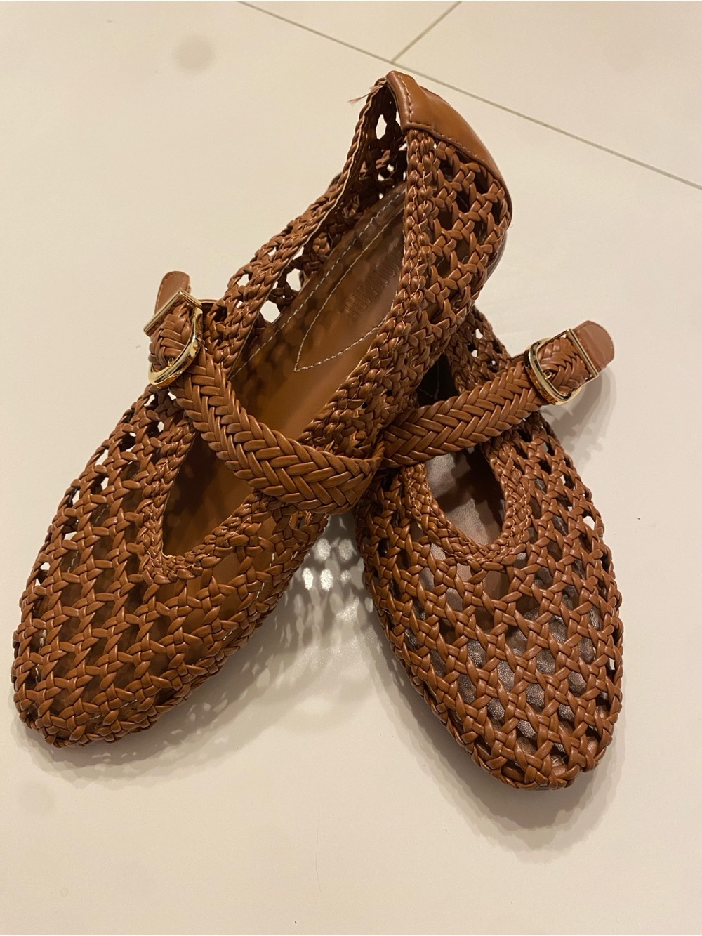 Braided Mary Jane Flats in Brown Leather